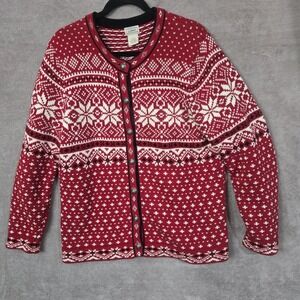 LL Bean Cardigan Sweater Women XL Red Fair Isle Nordic Snowflake Heritage Preppy